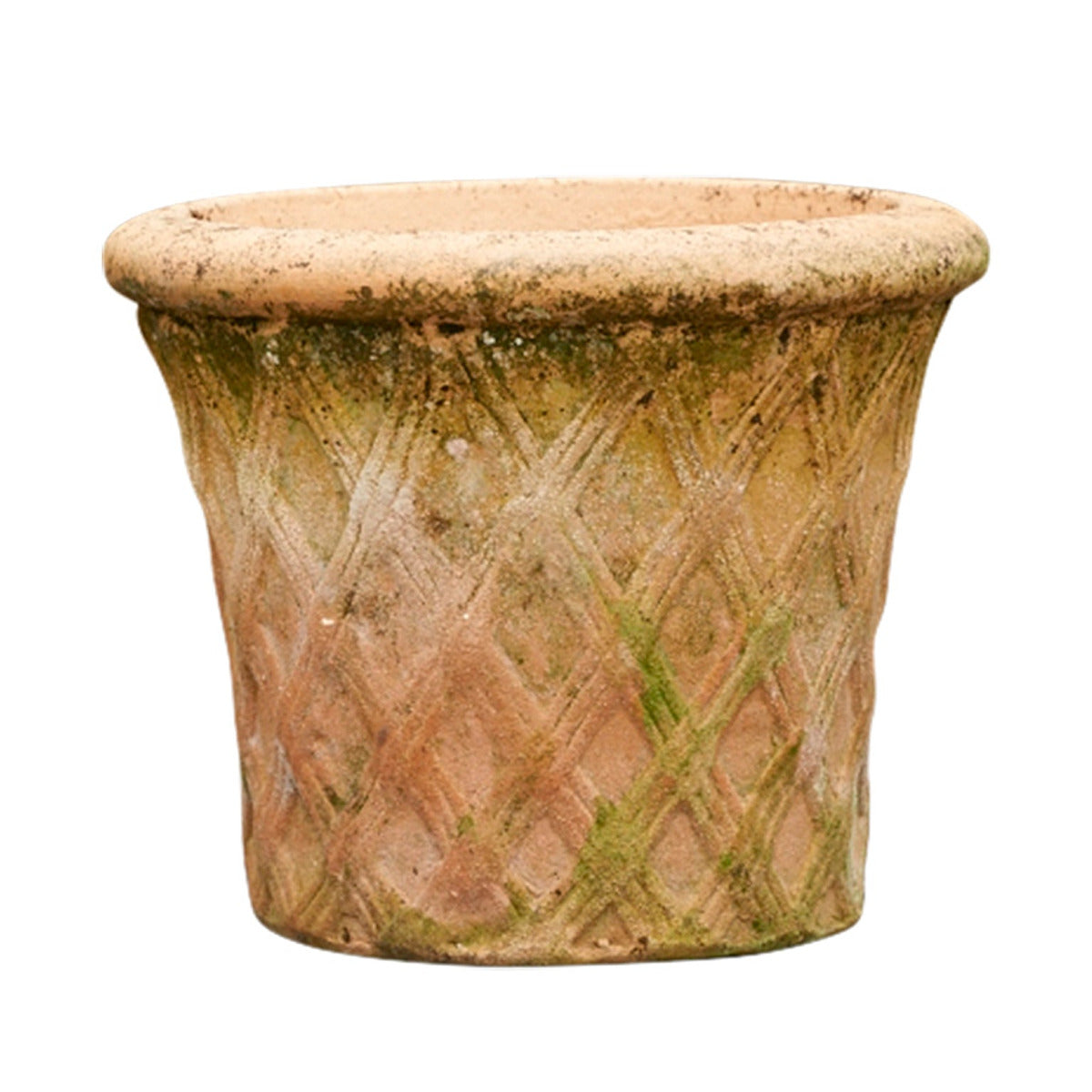 Terracotta plant pot with harlequin design and aged patina