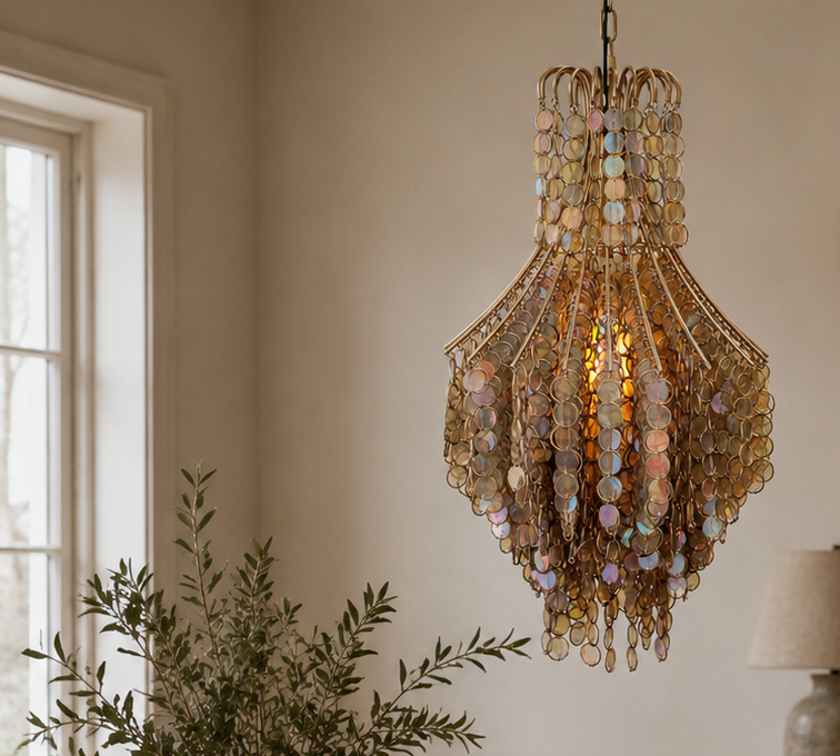 Dining room with wooden table, chairs, and decorative chandelier.