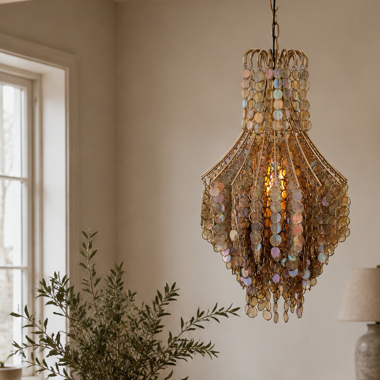 Dining room with wooden table, chairs, and decorative chandelier.