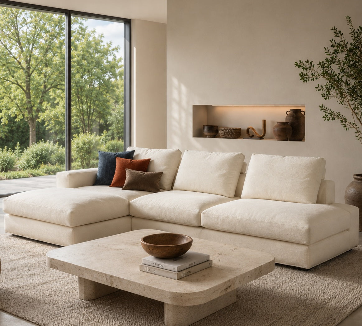 Modern living room with a beige sectional sofa, coffee table, and decorative items.