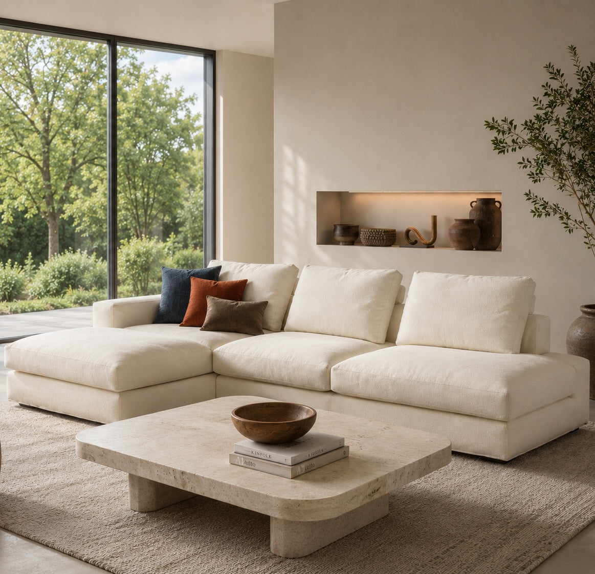 Modern living room with a beige sectional sofa, coffee table, and decorative items.