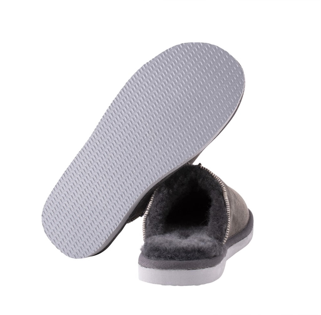 Gray slipper with textured sole on a white background
