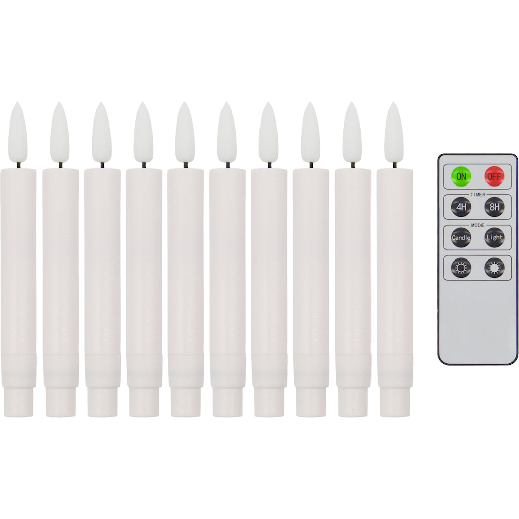 Set of 10 white candle-shaped lights with remote control on a white background