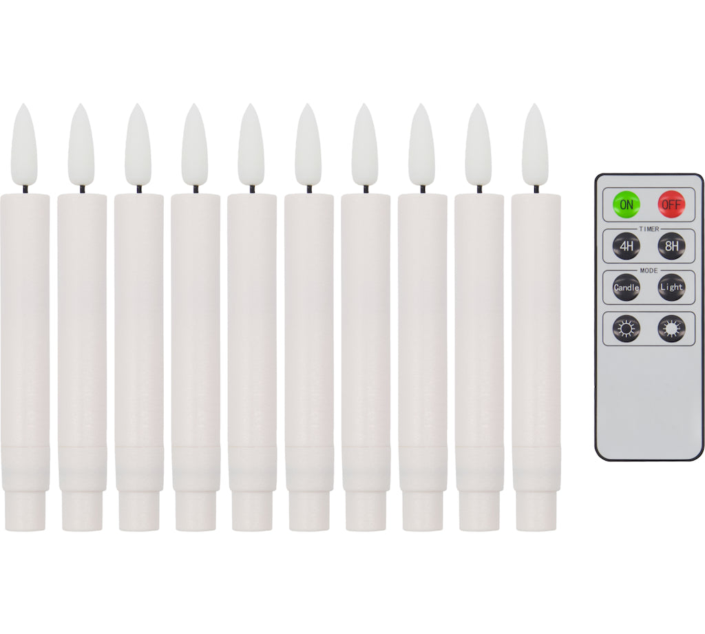 Set of 10 white candle-shaped lights with remote control on a white background