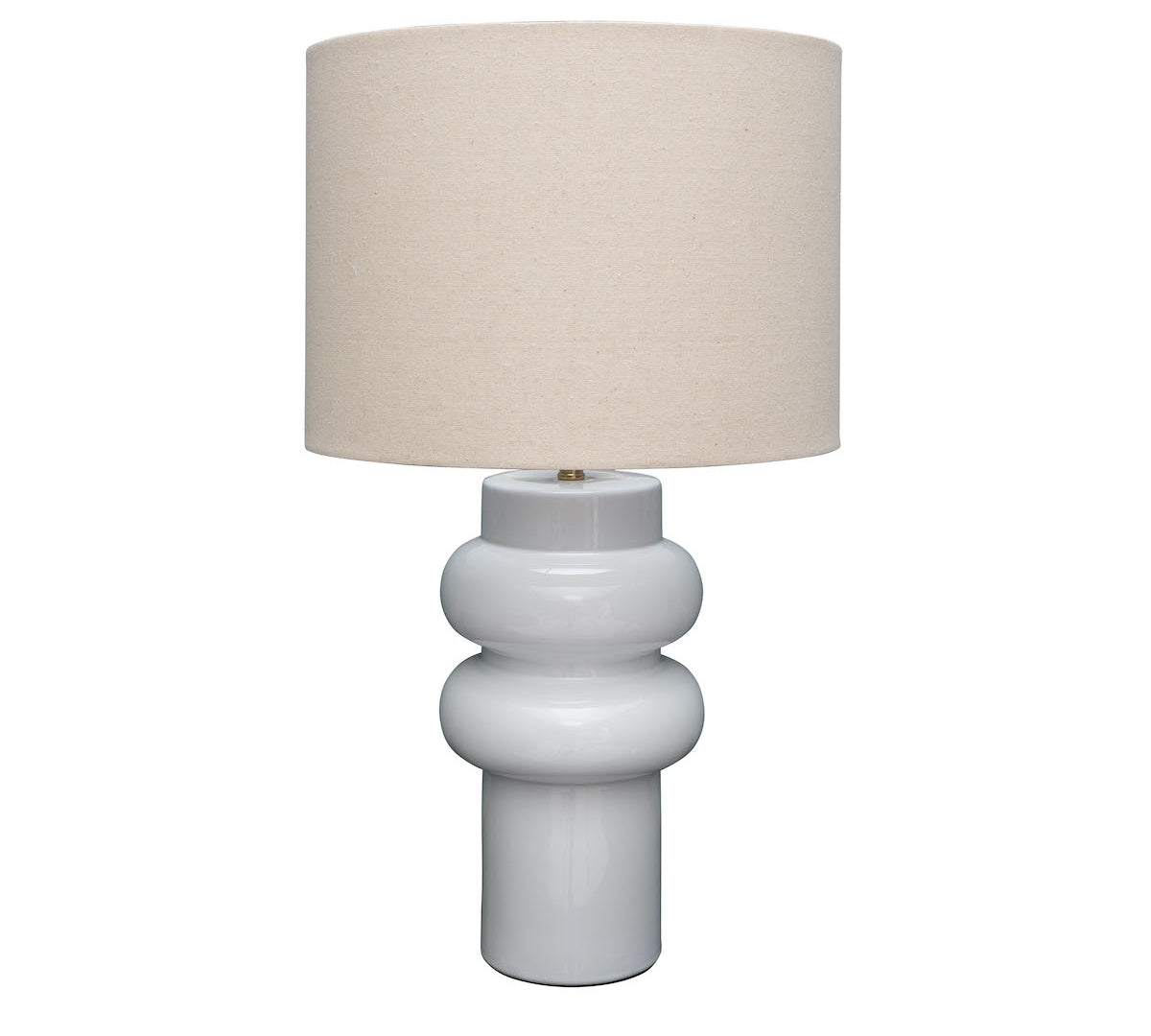white ceramic lamp with beige linen shade