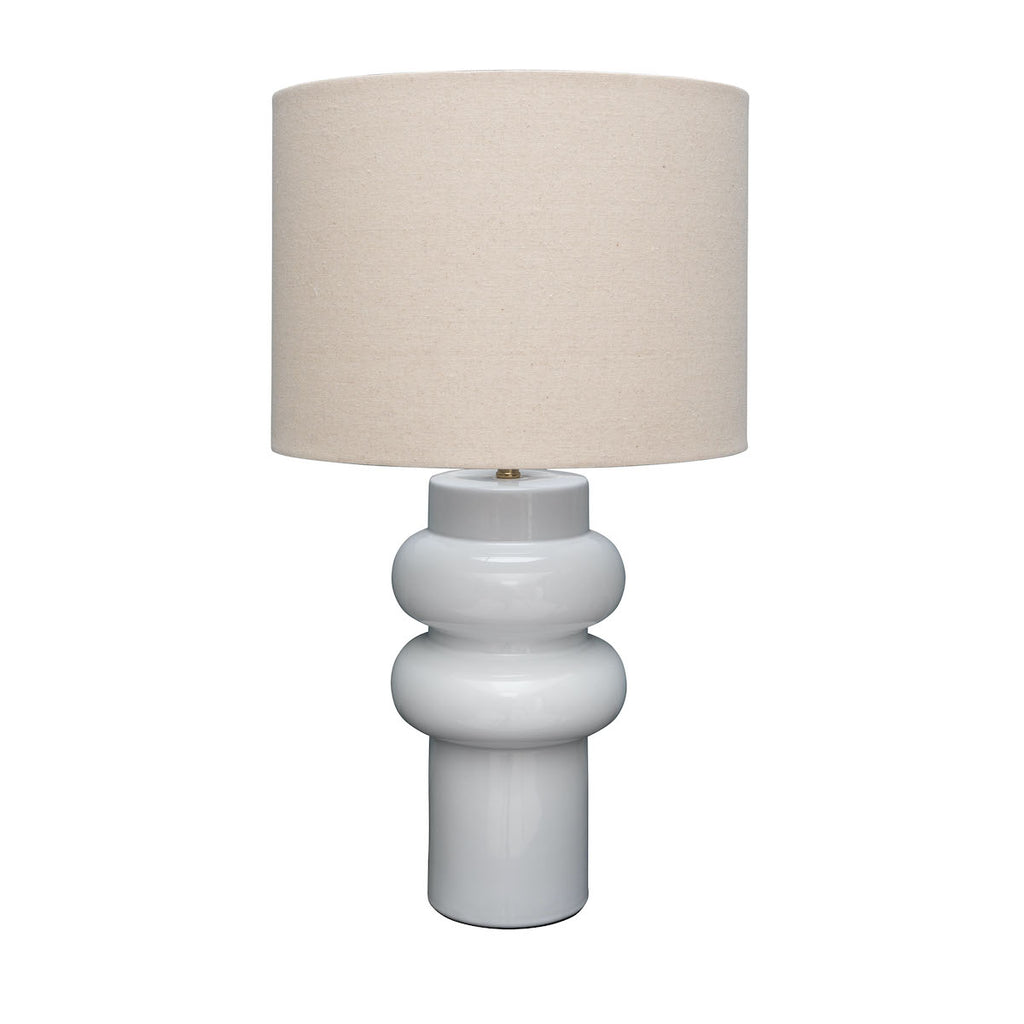 white ceramic lamp with beige linen shade