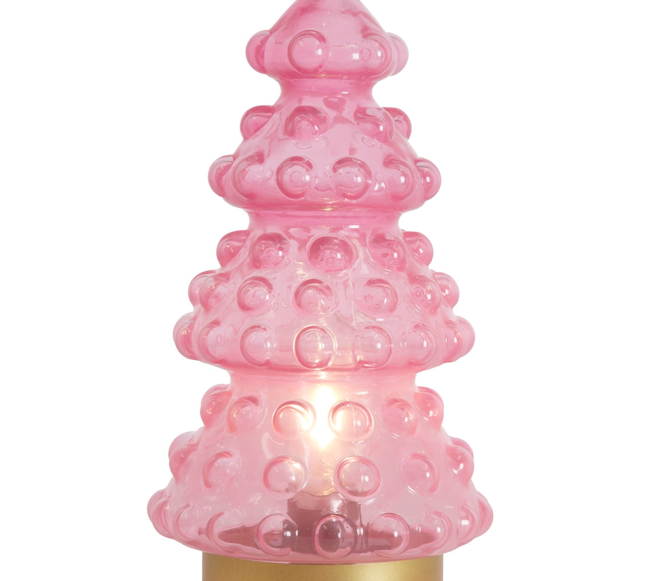 Pink textured table lamp with a gold base on a white background