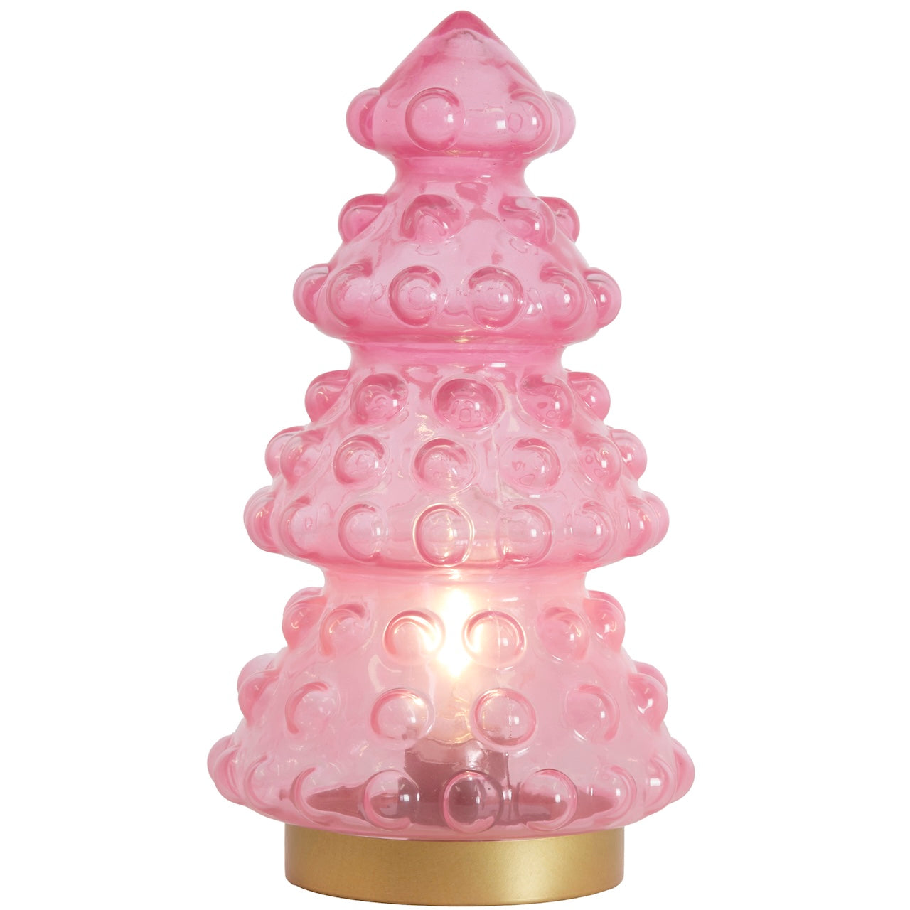 Pink textured table lamp with a gold base on a white background