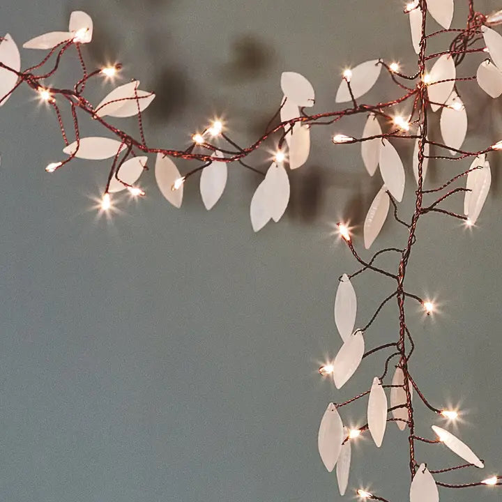 white leaf shaped fairy lights with copper wire 
