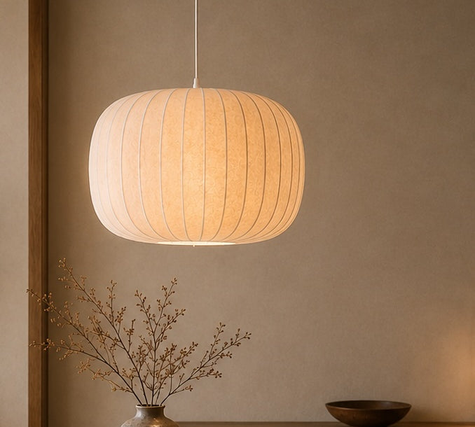 Japanese style Light fixture with ribbed design on a neutral background