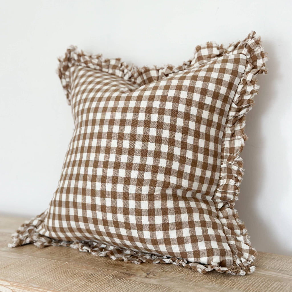 Ruffled Linen Cushion Cover Brown Gingham