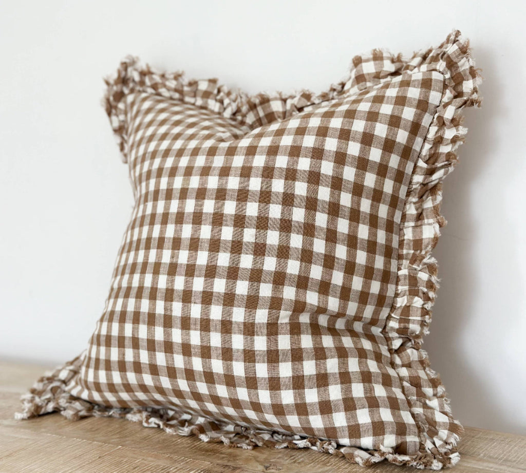 Ruffled Linen Cushion Cover Brown Gingham