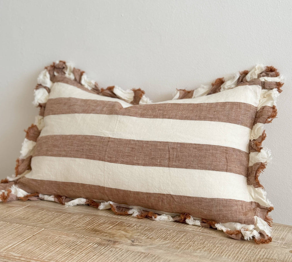 Ruffled Linen Cushion Cover in Rust brown stripe