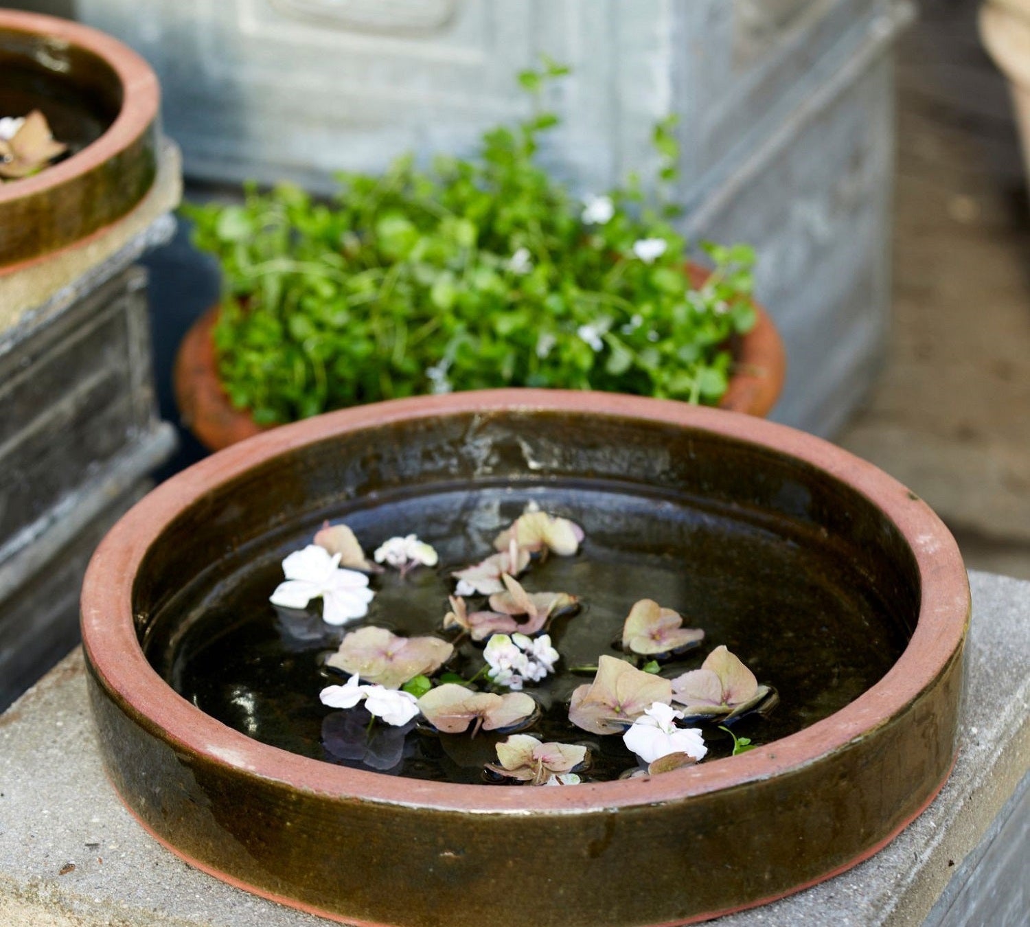 dark green glazed round bird bath 
