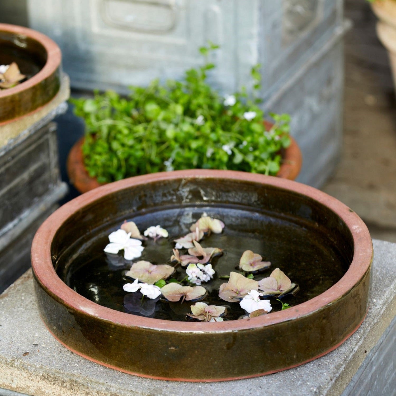 dark green glazed round bird bath 