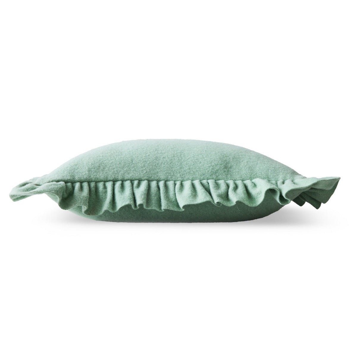 A mint green rectangular throw pillow with a ruffled fabric trim, shown against a plain white background.