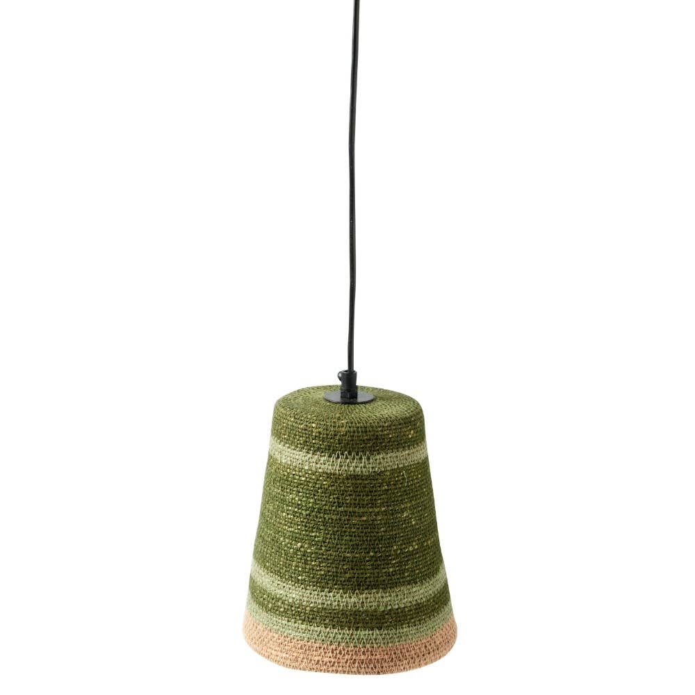 A woven pendant light shade in horizontal stripes of olive green, sage green, and a light tan base, suspended by a black cord against a plain white background.