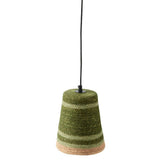 A woven pendant light shade in horizontal stripes of olive green, sage green, and a light tan base, suspended by a black cord against a plain white background.