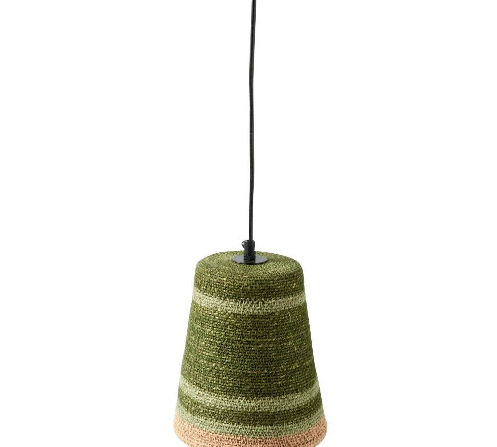 A woven pendant light shade in horizontal stripes of olive green, sage green, and a light tan base, suspended by a black cord against a plain white background.