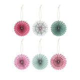 Six paper fan ornaments in pink, white, and mint green patterns, arranged in two rows of three on a plain white background.