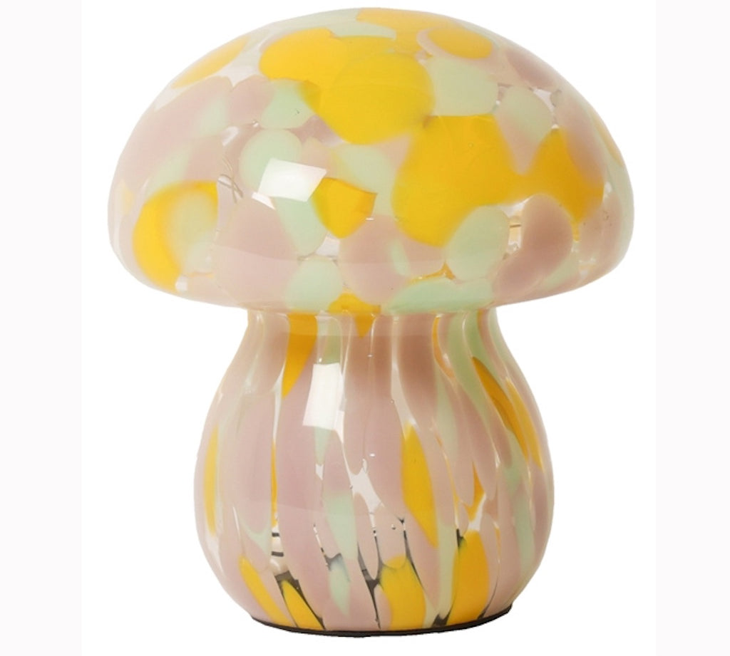 Glass mushroom lamp in yellow and pink
