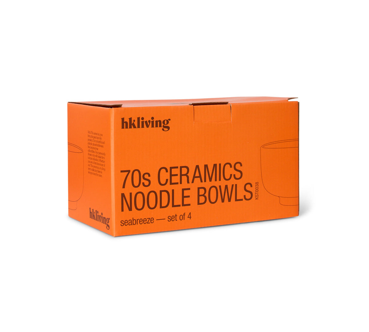 Orange box packaging for '70s Ceramics Noodle Bowls' by hkliving on a white background