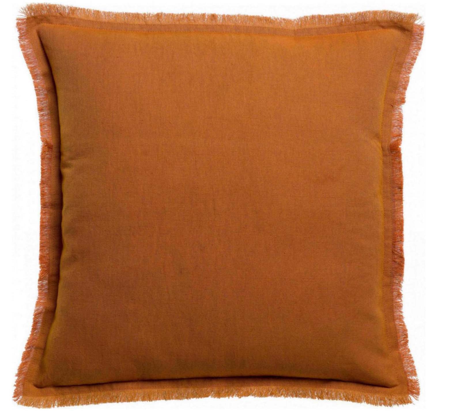 A square throw pillow in a warm rust-orange color with fringed edges, shown against a plain white background.