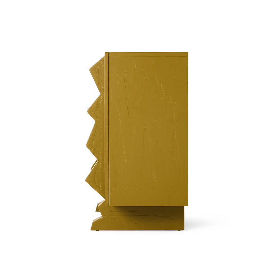 Olive green cabinet with a unique design on a white background