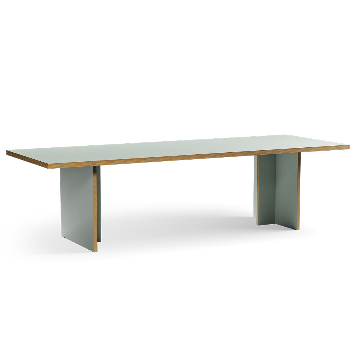 Rectangular table with a light wood top and gray legs on a white background