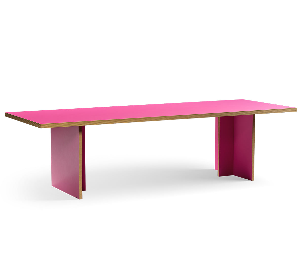 Table with pink legs and a wooden top on a white background