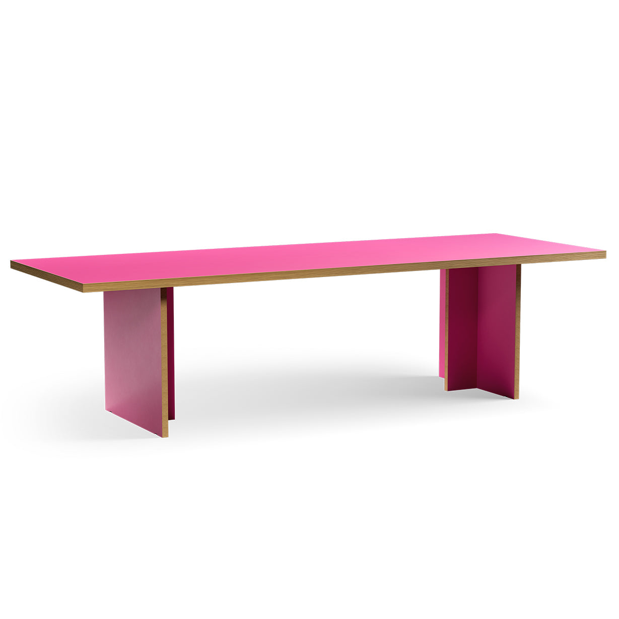 Table with pink legs and a wooden top on a white background