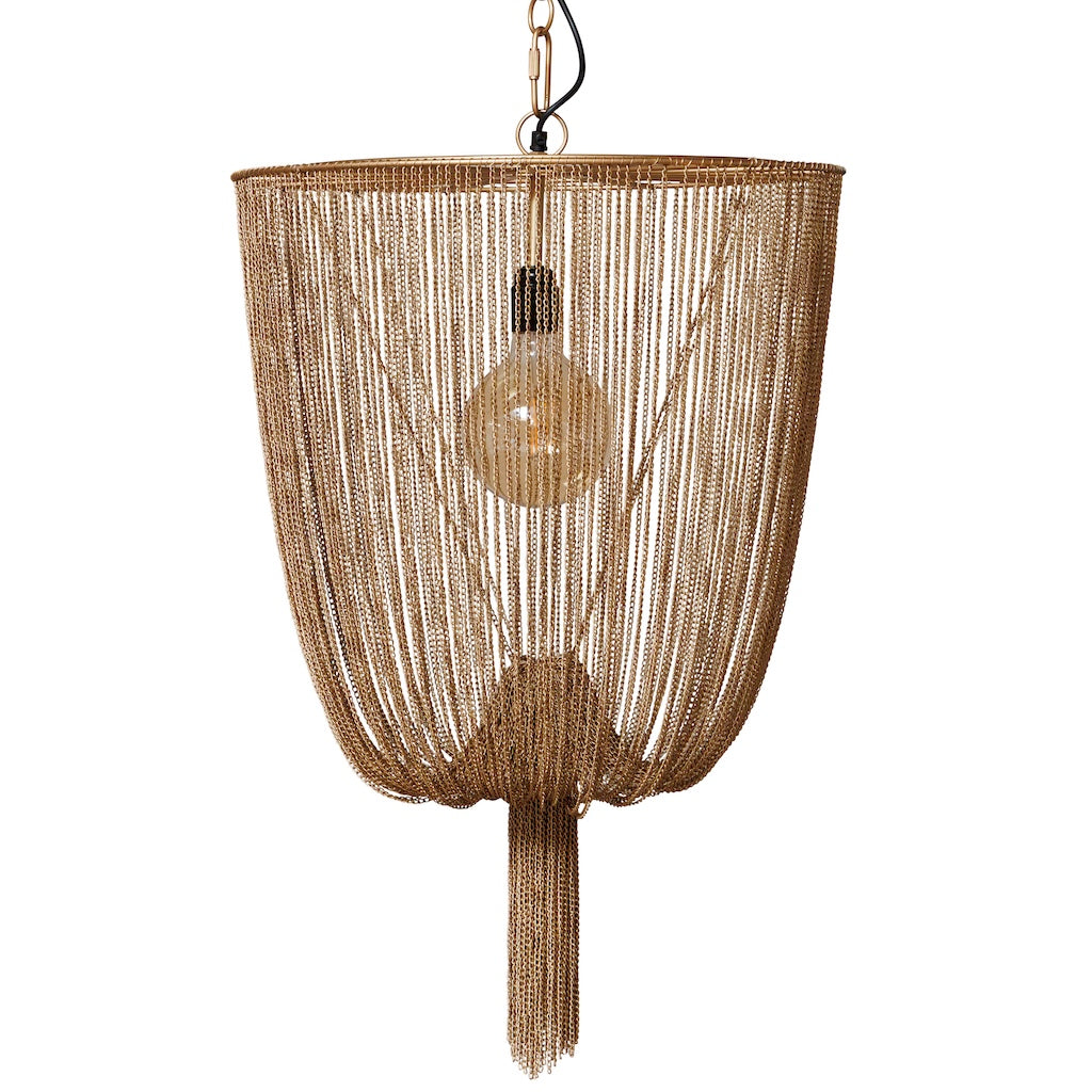 Decorative pendant light with mesh shade and exposed bulb on a white background
