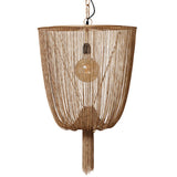 Decorative pendant light with mesh shade and exposed bulb on a white background