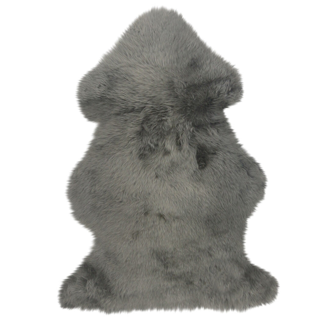 A gray sheepskin fur rug shaped like a natural sheepskin shown from the back against a plain white background.