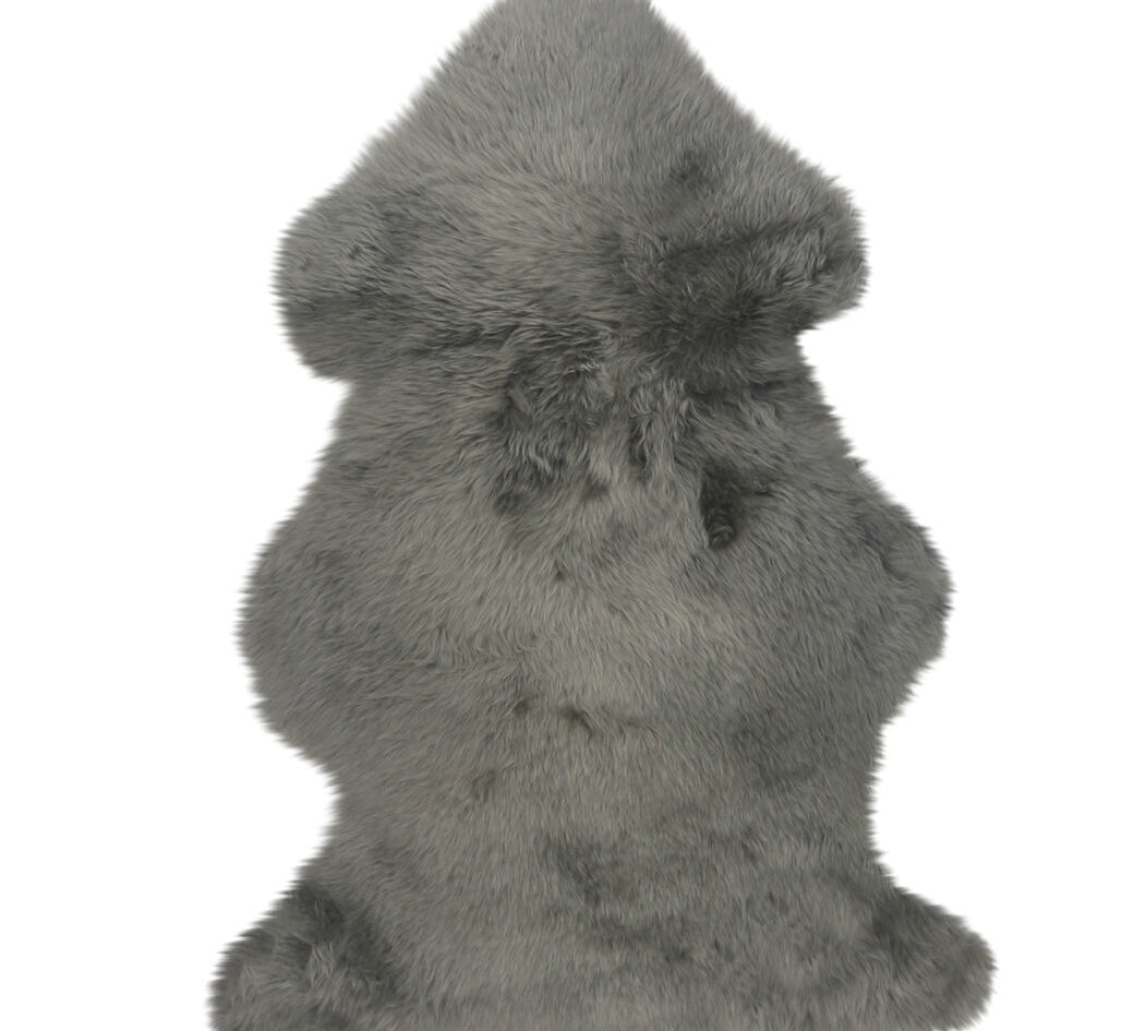 A gray sheepskin fur rug shaped like a natural sheepskin shown from the back against a plain white background.