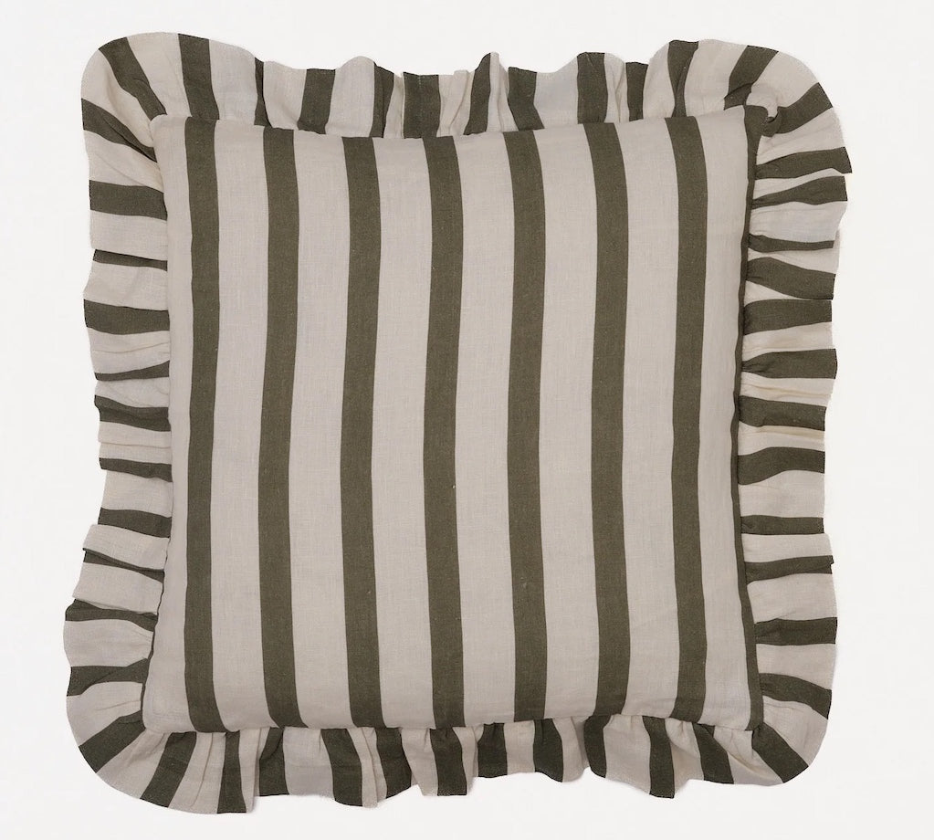 Olive and Ivory Striped Ruffle Cushion
