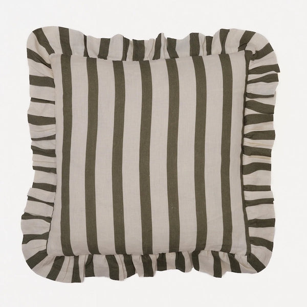 Olive and Ivory Striped Ruffle Cushion