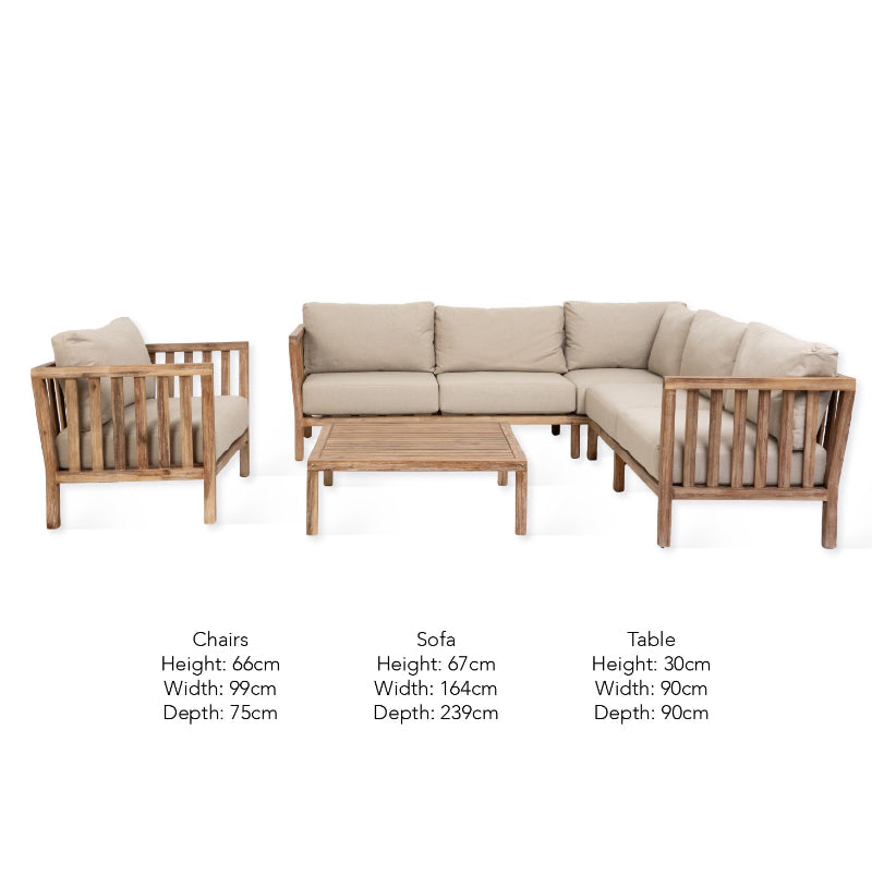 Outdoor furniture set with dimensions labeled on a white background