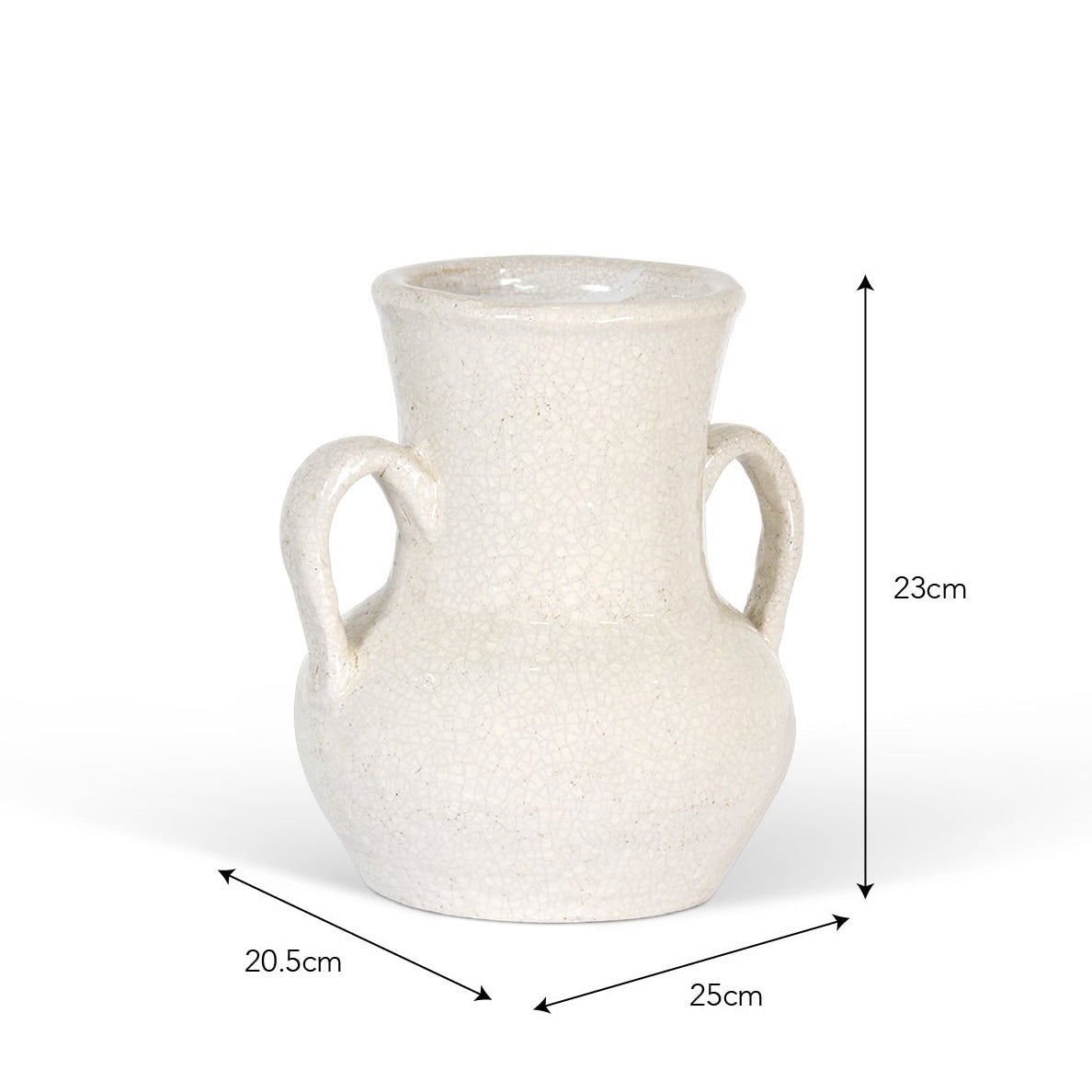White ceramic vase with handles and dimensions on a white background
