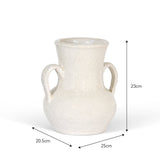 White ceramic vase with handles and dimensions on a white background