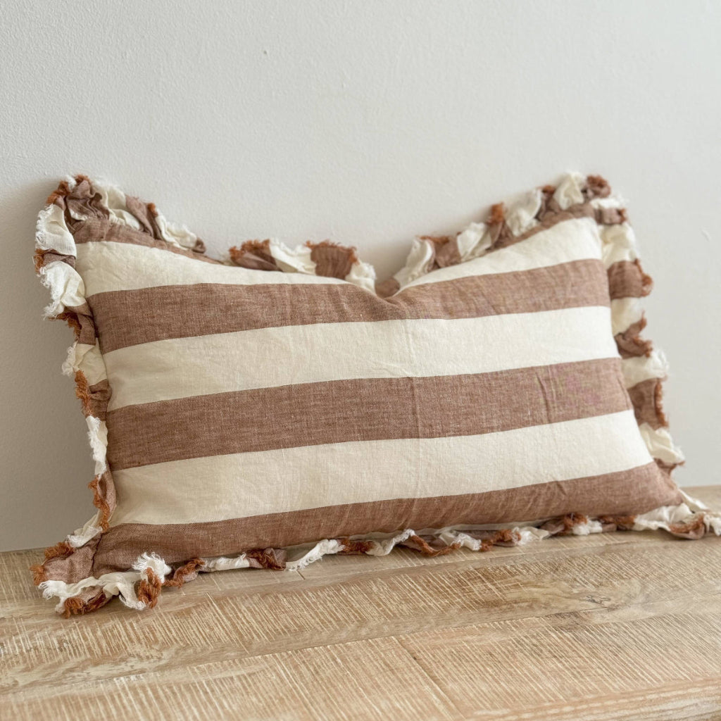 Ruffled Linen Cushion Cover in Rust stripe