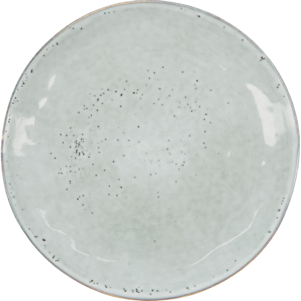 A round ceramic plate with a glossy off-white glaze and scattered dark speckles, shown from a top-down perspective on a white background.