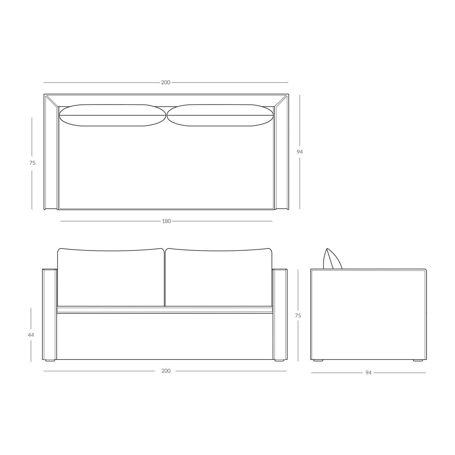 Line drawing of L sofa dimensions