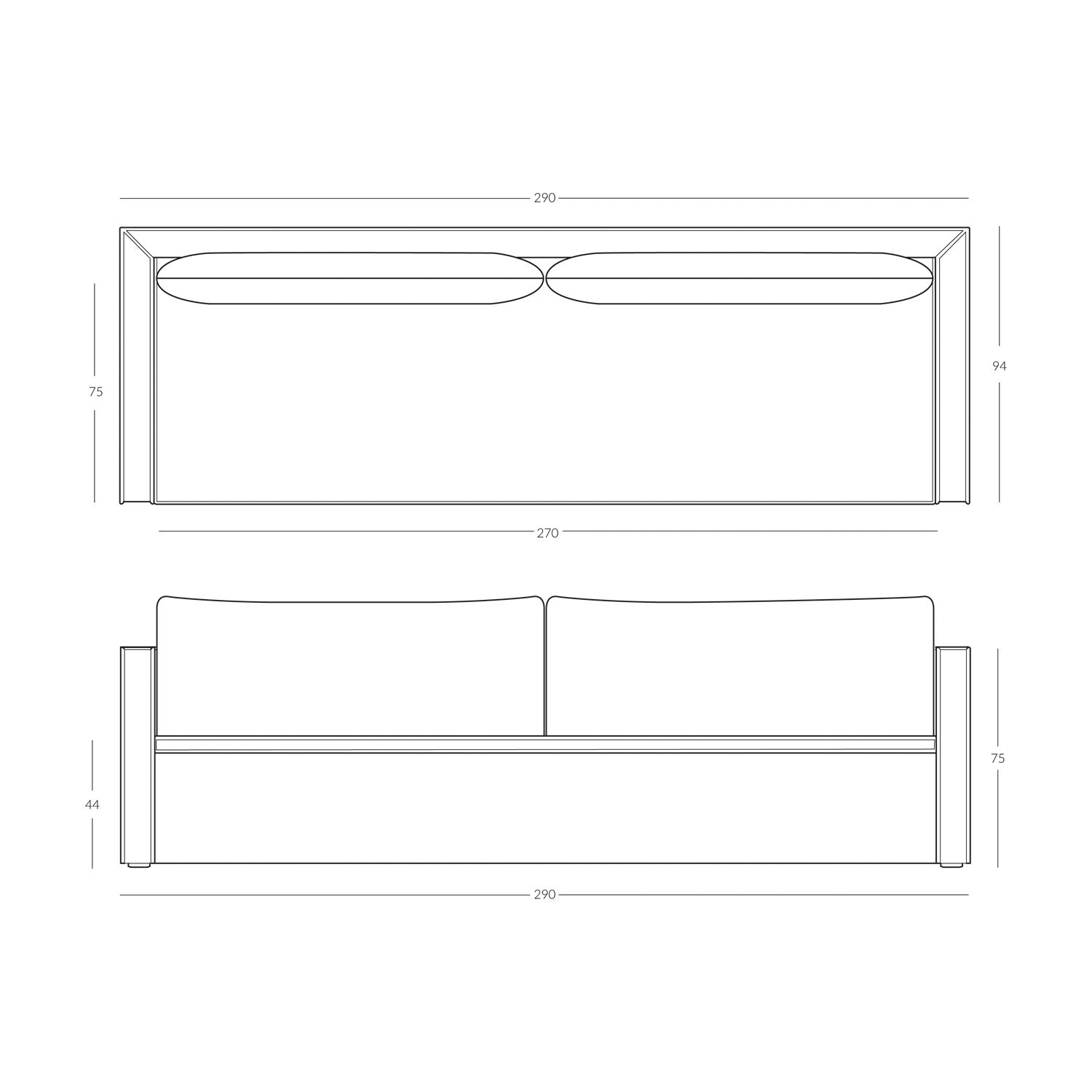 Line drawing of XL sofa dimensions