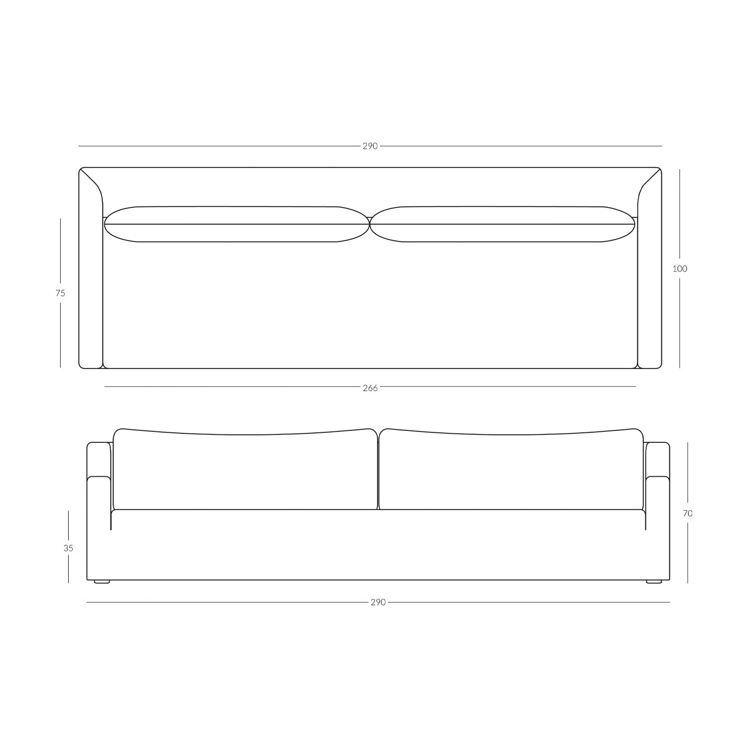 Line drawing of a sofa with dimensions labeled