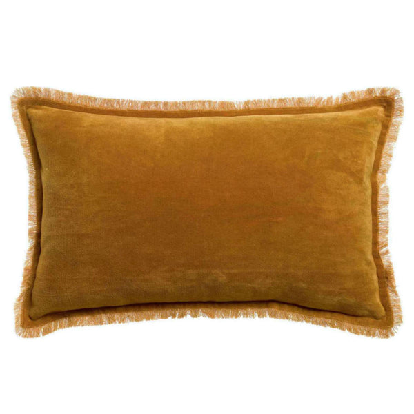 yellow velvet cushion with fringe edging