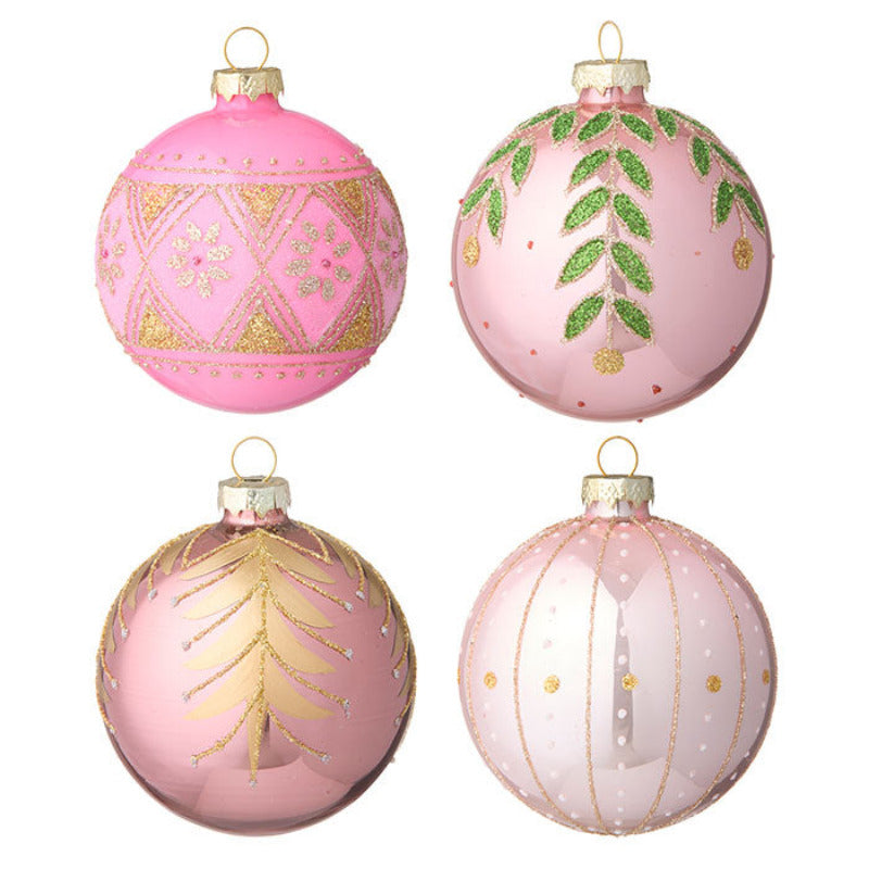 Four pink Christmas ornaments with gold and green decorations on a white background