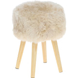Stool with fluffy beige sheepskin seat and wooden legs on a white background