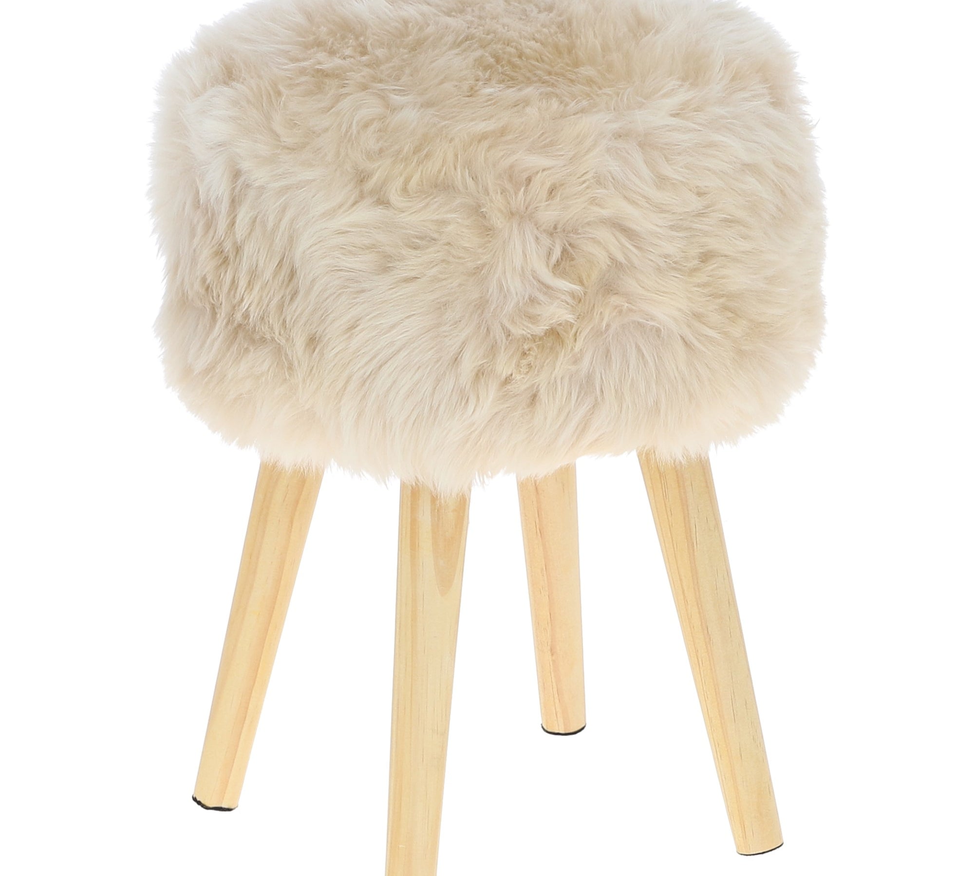 Stool with fluffy beige sheepskin seat and wooden legs on a white background