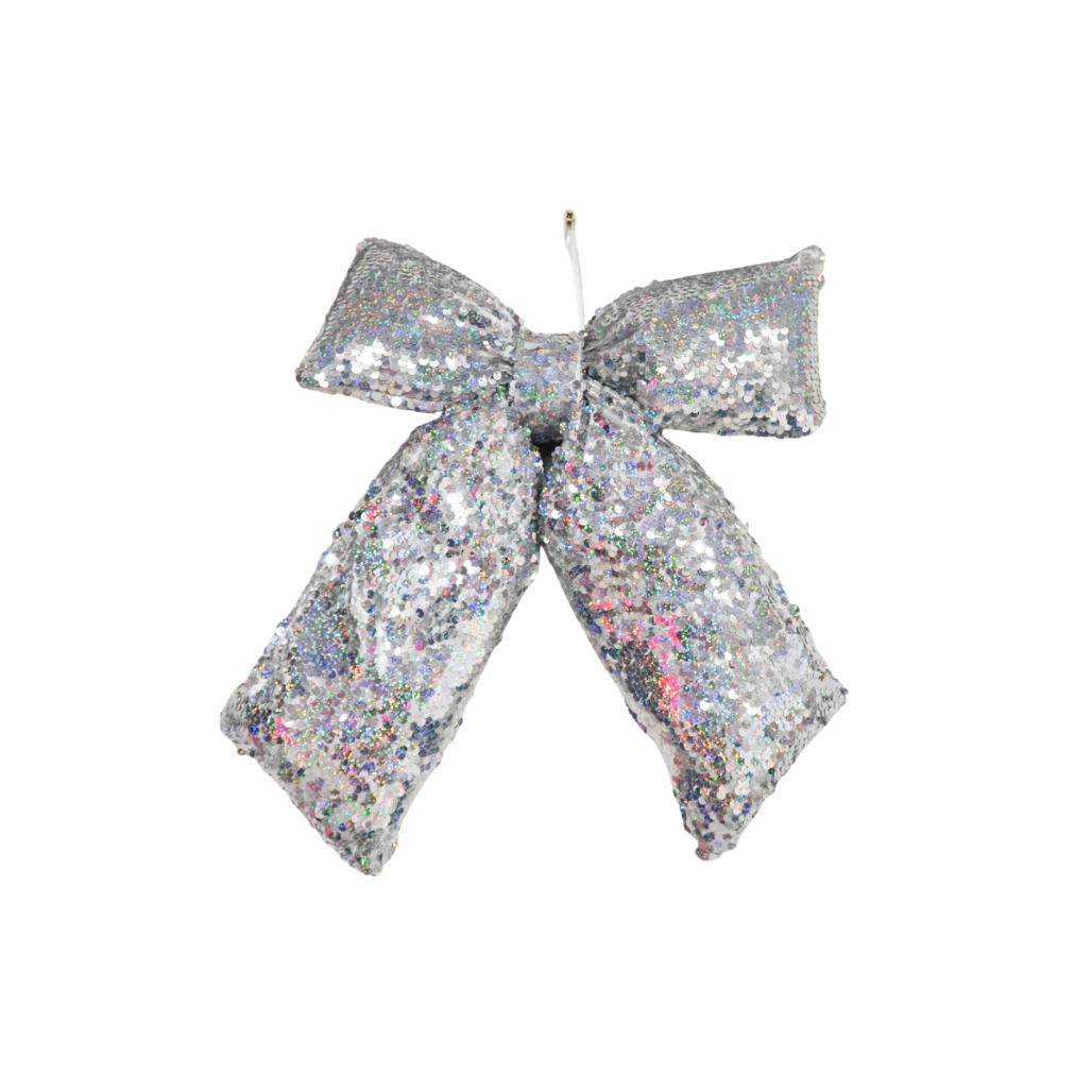 Silver glittery bow on a white background